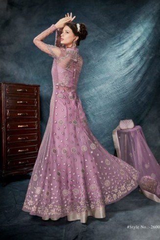 PURPLE NET SILK SIDE SLIT INDIAN WEDDING DRESS