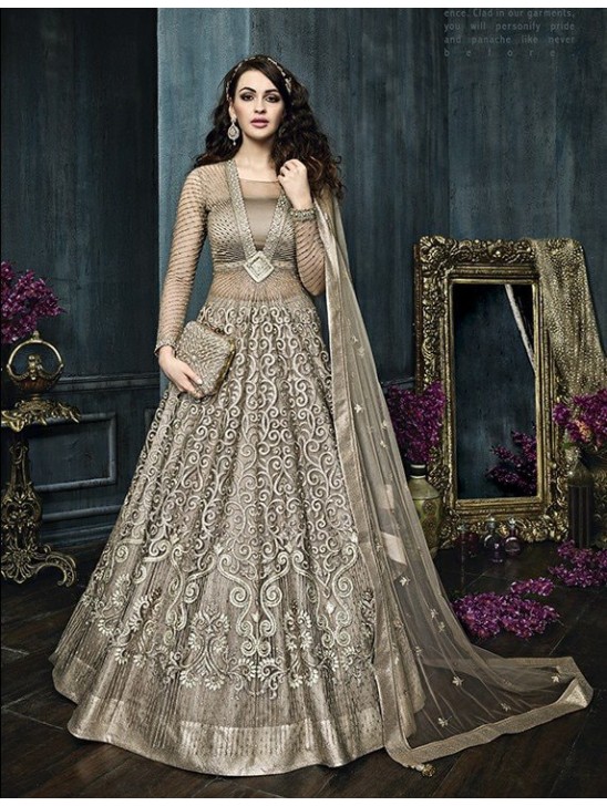 Grey Heavy Indian Anarkali Suit Wedding Party Gown