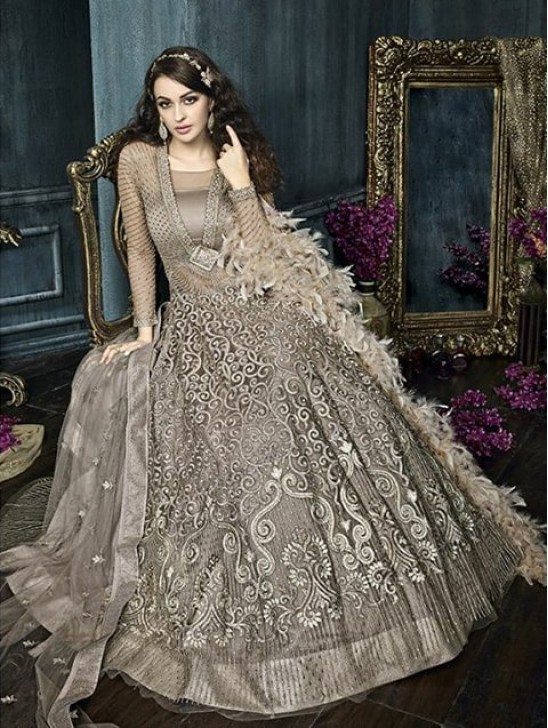 Grey Heavy Indian Anarkali Suit Wedding Party Gown