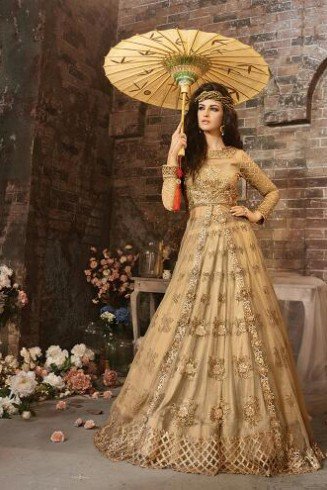 Gold Bridal Anarkali Dress Indian Designer Embellished Gown