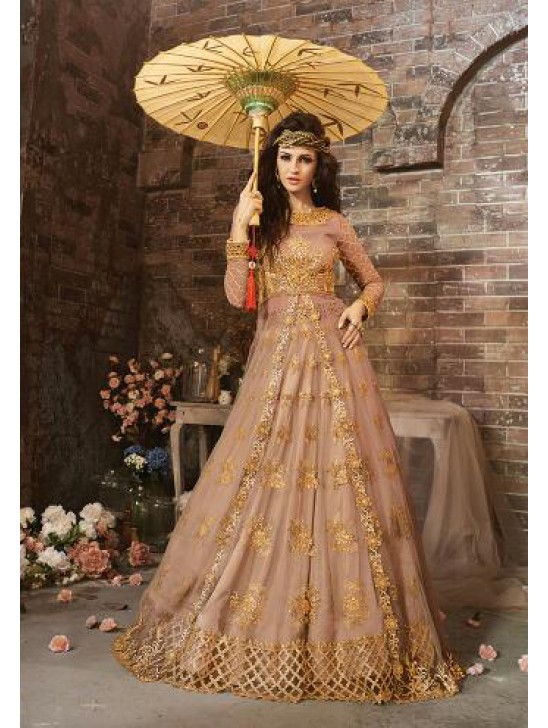 Peach Net Embroidered Anarkali Dress Special Party Wear Maxi