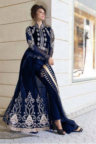 Navy Blue Evening Indian Dress Velvet Party Wear Suit