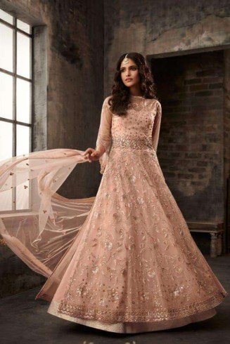 Peach Net Heavy Embellished Wedding Wear Anarkali Dress