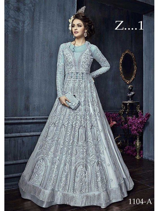 Silver Grey Indian Anarkali Gown Embroidered Wedding Dress