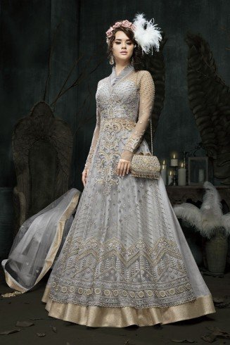 Grey Indian Designer Gown Asian Bride Evening Dress