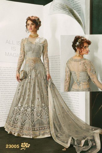 SILVER GREY INDIAN DESIGNER WEDDING AND BRIDAL GOWN