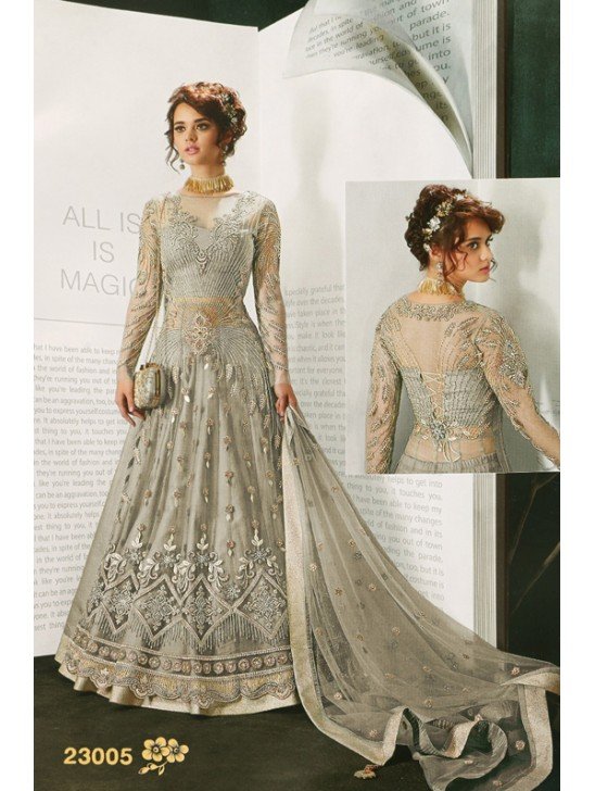 SILVER GREY INDIAN DESIGNER WEDDING AND BRIDAL GOWN