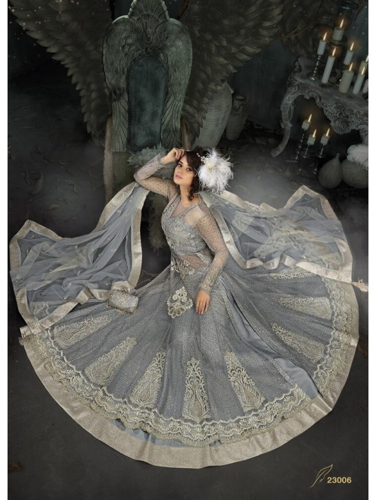 Grey Indian Anarkali Gown Party Wedding Outfit