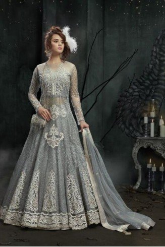 Grey Indian Anarkali Gown Party Wedding Outfit 