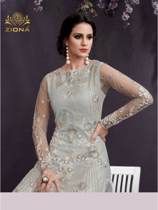 Grey Net Heavy Embroidered Party Suit Indian Designer Dress