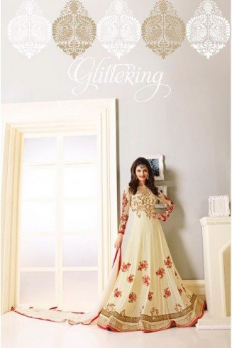  Cream Red Dress Floral Gown Anarkali