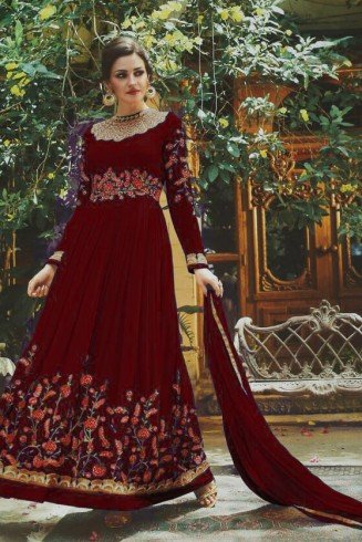 MAROON FLORAL EMBROIDERED EVENING AND WEDDING WEAR GOWN