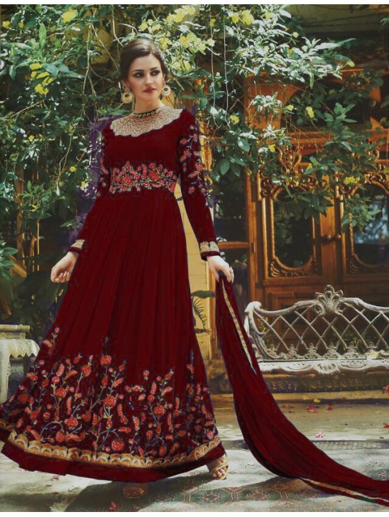 MAROON FLORAL EMBROIDERED EVENING AND WEDDING WEAR GOWN