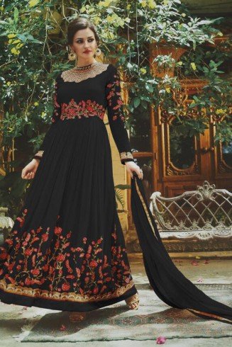 BLACK FLORAL EMBROIDERED EVENING AND WEDDING WEAR GOWN