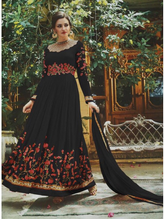 BLACK FLORAL EMBROIDERED EVENING AND WEDDING WEAR GOWN