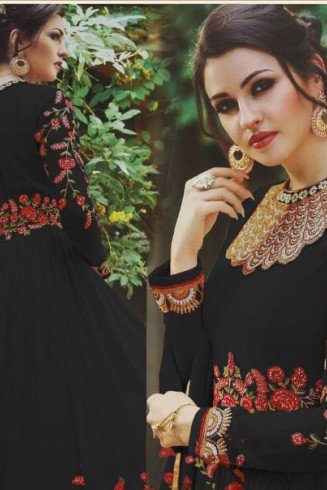 BLACK FLORAL EMBROIDERED EVENING AND WEDDING WEAR GOWN