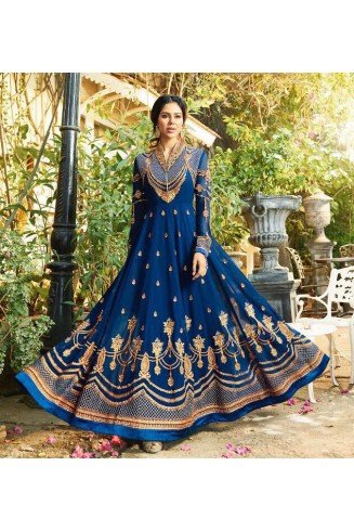 BLUE EMBROIDERED EVENING AND WEDDING WEAR ANARKALI GOWN