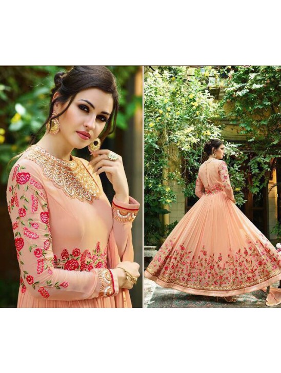 PEACH FLORAL EMBROIDERED EVENING AND WEDDING WEAR GOWN