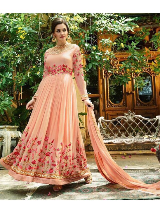 PEACH FLORAL EMBROIDERED EVENING AND WEDDING WEAR GOWN