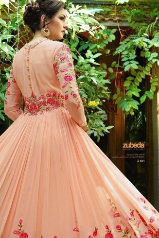 PEACH FLORAL EMBROIDERED EVENING AND WEDDING WEAR GOWN