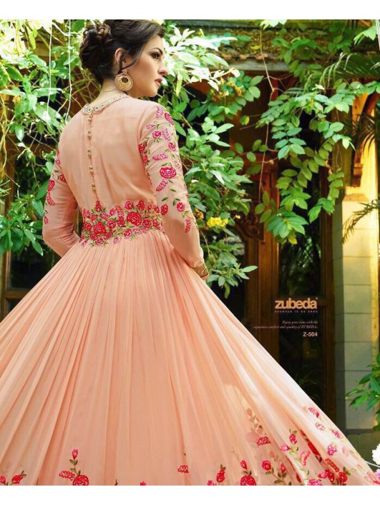 PEACH FLORAL EMBROIDERED EVENING AND WEDDING WEAR GOWN