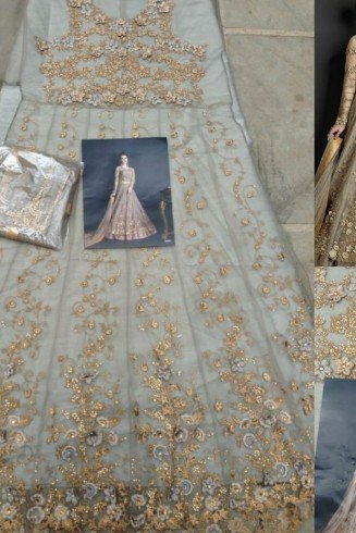 SILVER GREY HEAVY EMBROIDERED INDIAN WEDDING GOWN SEMI-STITCHED ( DELIVERY IN 2 WEEKS )