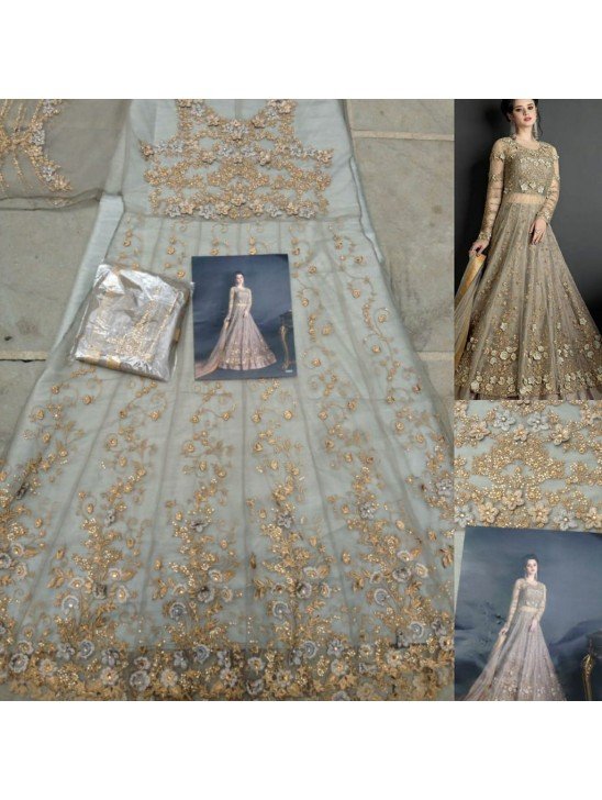 SILVER GREY HEAVY EMBROIDERED INDIAN WEDDING GOWN SEMI-STITCHED ( DELIVERY IN 2 WEEKS )