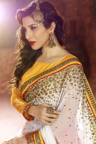 Yellow & White Banarasi Saree Bollywood Indian Wedding Wear