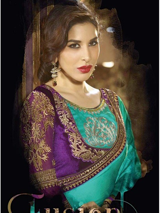 Rama Green & Purple Trendy Saree Indian Ethnic Wedding Dress