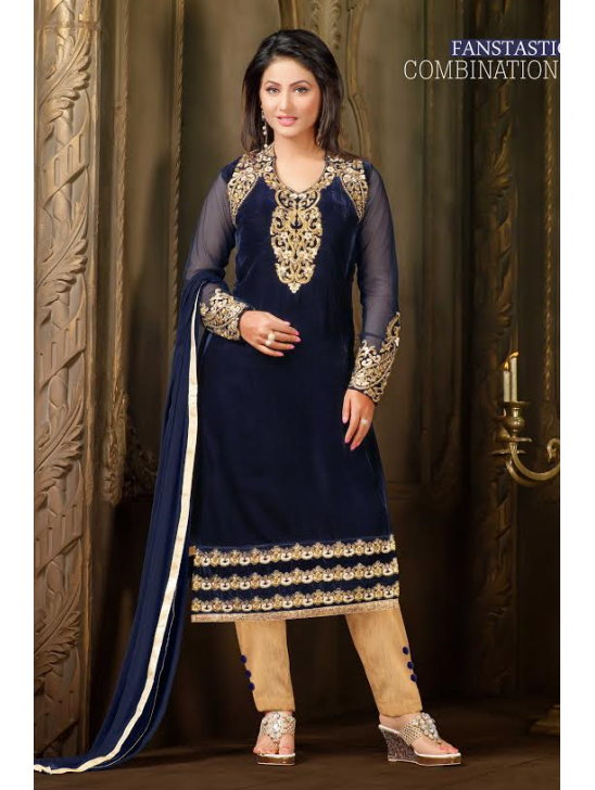 71007 Navy Blue Straight Velvet Salwar Kameez Suit