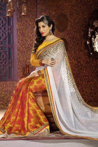 Yellow & White Banarasi Saree Bollywood Indian Wedding Wear