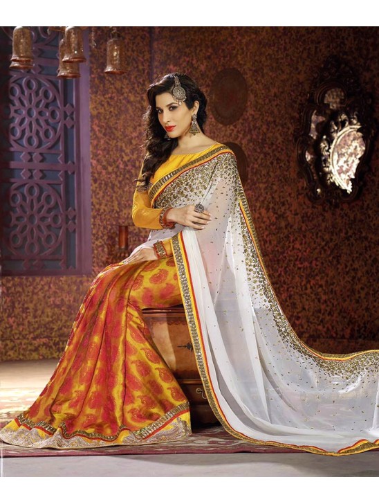 Yellow & White Banarasi Saree Bollywood Indian Wedding Wear