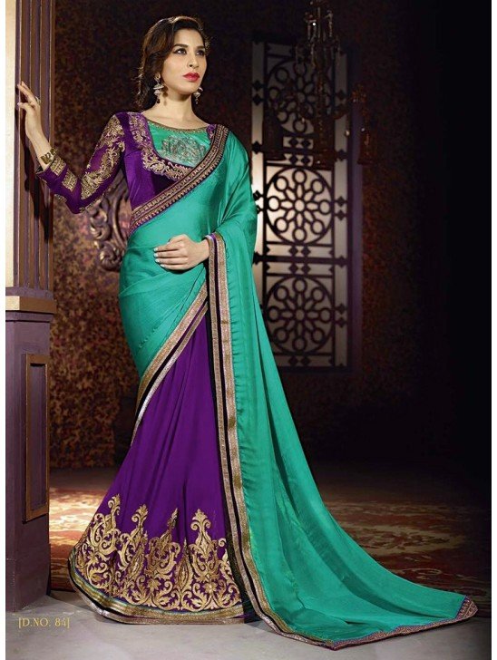 Rama Green & Purple Trendy Saree Indian Ethnic Wedding Dress