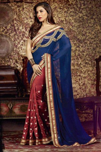 Red & Blue Fancy Party Saree Designer Wear