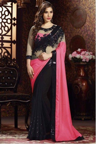 Black & Pink Evening Saree Indian Embroidered Sari 