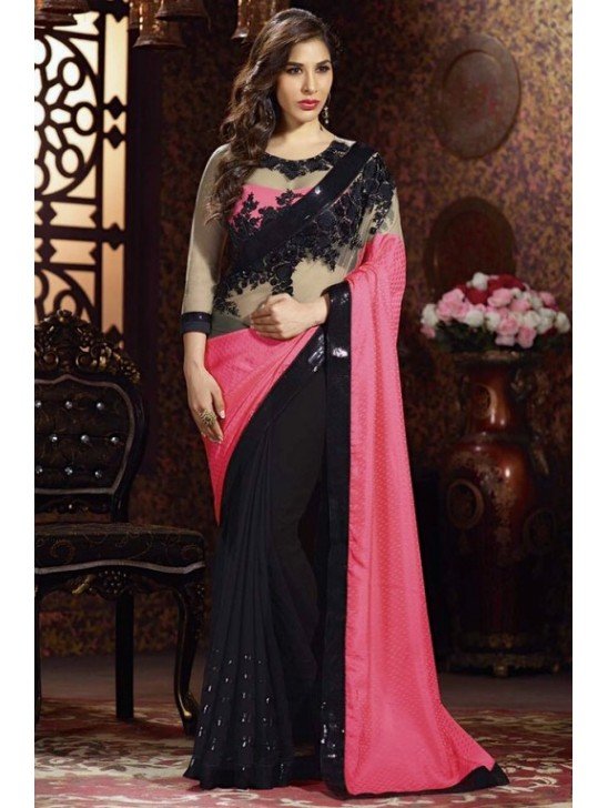 Black & Pink Evening Saree Indian Embroidered Sari