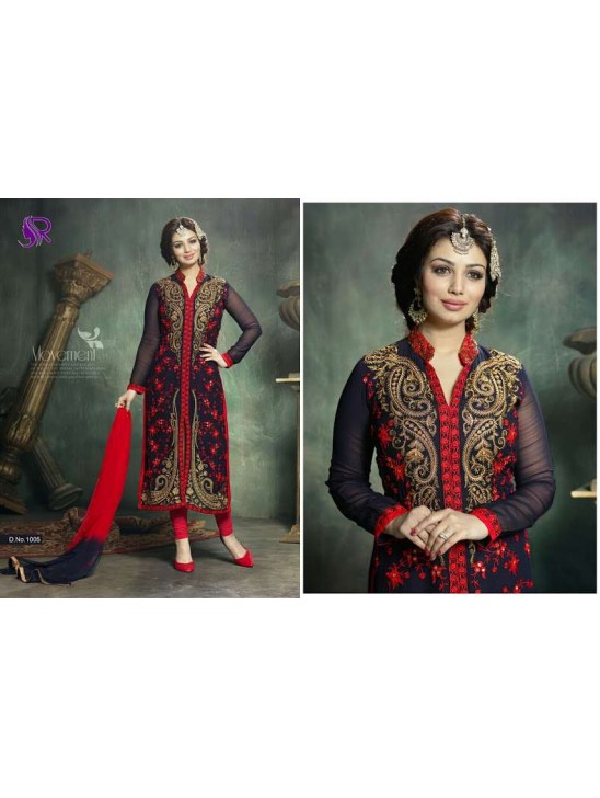 U1005 DARK BLUE AND RED AYESHA TAKIA ANARKALI STYLE SALWAR KAMEEZ SUIT