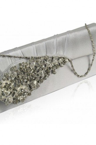 Silver Ruched Satin Clutch/Evening Bag With Crystal Flower