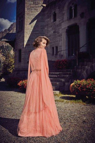 Peachy Pink Indian Designer Long Net Anarkali Gown