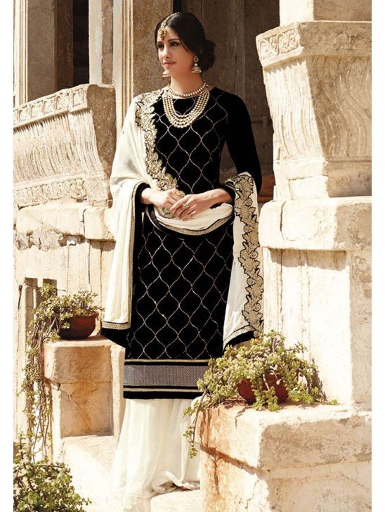 Black Pakistani Designer Straight Cut Fancy Salwar Suit