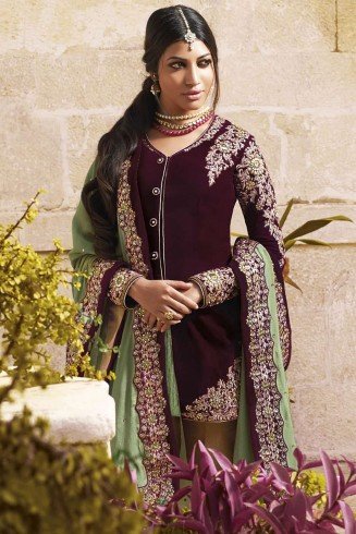 Plum Indian Designer Straight Cut Salwar Suit