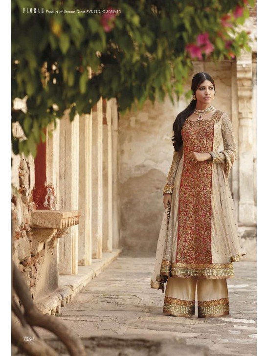 Beige & Maroon Designer Wedding Wear Palazzo Dress