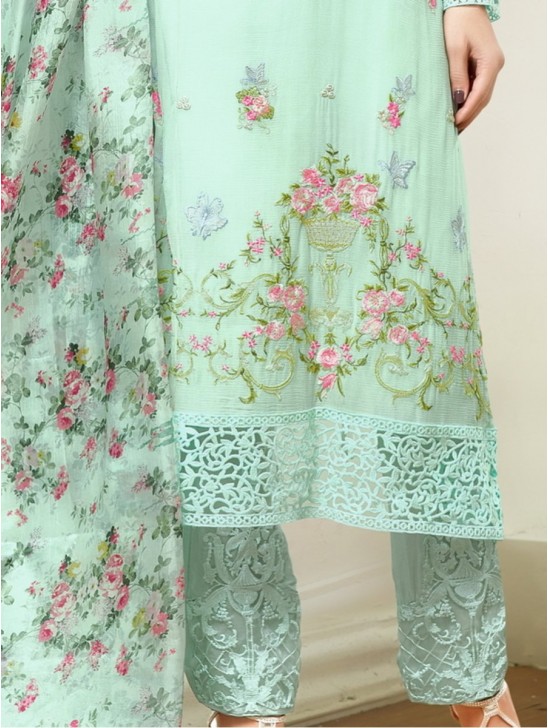 ZMf-67010 Sea Green Semi Stitched Embroidered Suit