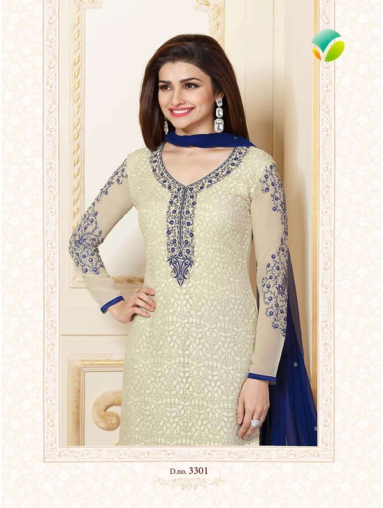 K3301 CREAM AND BLUE KASEESH PRACHI-15 PARTY WEAR SALWAR KAMEEZ SUIT