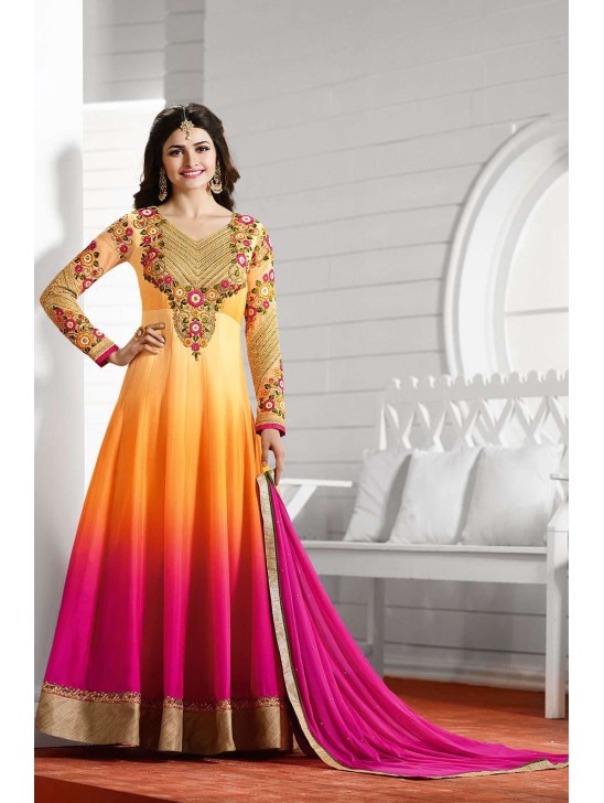 K3932 ORANGE AND PINK KASEESH DESIGNER ANARKALI SUIT