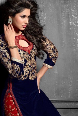 MS12012 Navy Blue With Red MAISHA MASKEEN Dress In Velvet Material