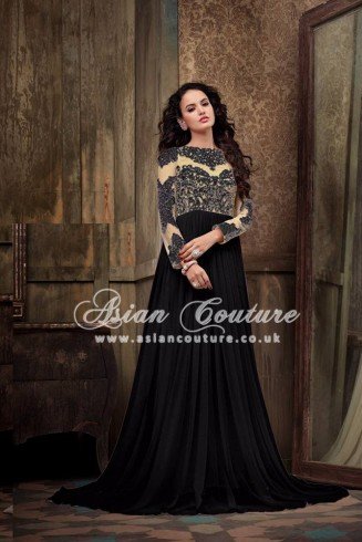Black Evening Gown Embroidered Net Abaya Style Dress