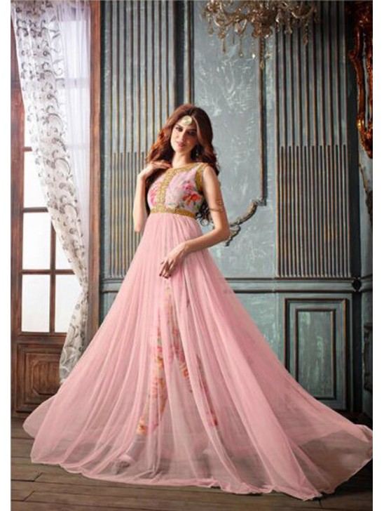 Elegant Gown Pink Net Embroidered Indian Party Maxi