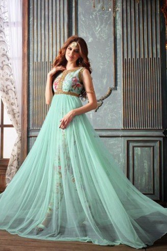 Mint Net Embroidered Indian Party Maxi Indian Party Dress