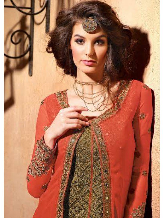 MN2703 FIESTA ORANGE MAISHA NEERJA JACKET STYLE GEORGETTE SUIT